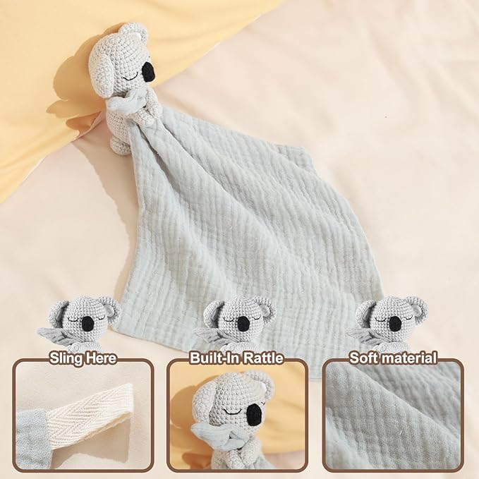 Hand Knit Koala Baby Blanket - Cute Educational Plush Doll and Baby Rattle, Soothing Toy.