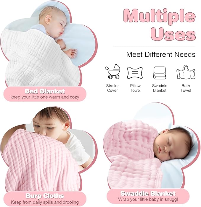 MUKIN Baby Hooded Towels, Muslin Cotton, 2-Pack, for Newborn, Infant, Toddler and Kids (White,Pink)