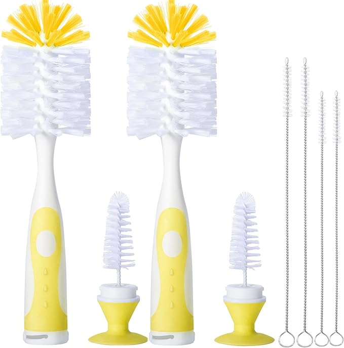 2 Pack Baby Bottle Brush with 4 Pack Straw Brushes, 10.2" Nylon Brushe with Nipple Cleaner and Stand Suction Cup, Yellow