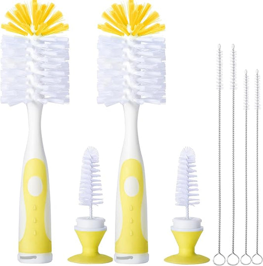 2 Pack Baby Bottle Brush with 4 Pack Straw Brushes, 10.2" Nylon Brushe with Nipple Cleaner and Stand Suction Cup, Yellow