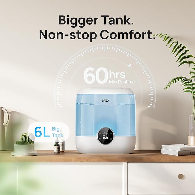 Dreo Smart Humidifiers for Bedroom, 6L Top Fill Supersized Cool Mist Humidifier for Large Room, 60 Hour Runtime, Quiet Ultrasonic Humidifiers for Plants, Baby, Indoor, Home, Night Light, Blue