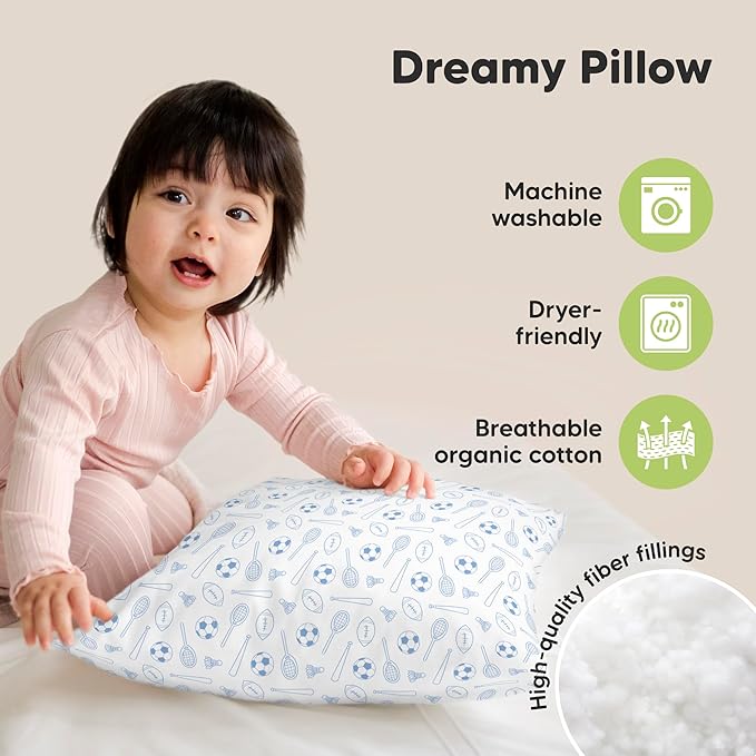 KeaBabies 2-Pack Toddler Pillow 13x18 - Soft Organic Cotton Kids Travel Bed Pillows for Sleeping, School, Nap, Machine Washable, Toddlers 2 to 5, Pillowcase Sold Separately (Sports)