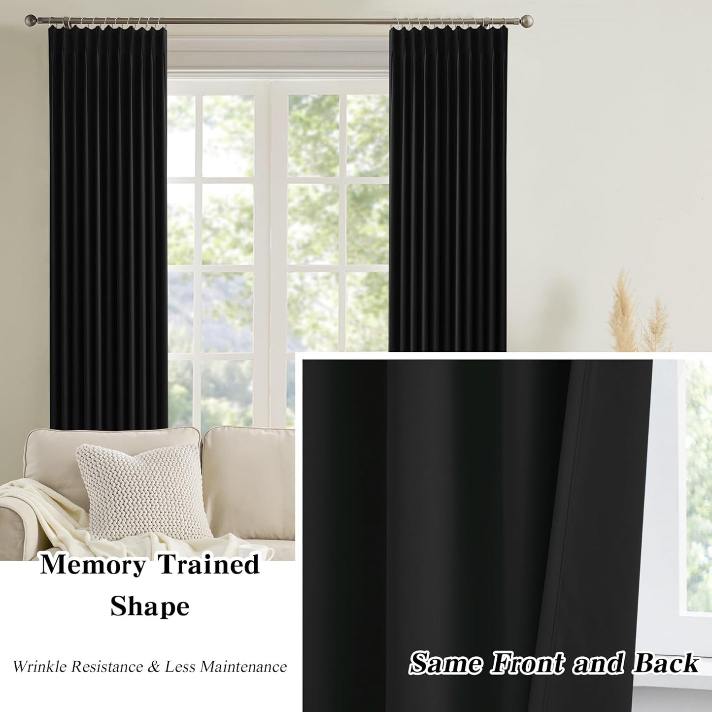 KEQIAOSUOCAI Extra Wide Black Pinch Pleated Curtains 100 x 84, Thermal Insulated Noise Cancelling Living Room Drapes 84 inches Long, Patio Sliding Glass Door Window Curtain 2 Panels