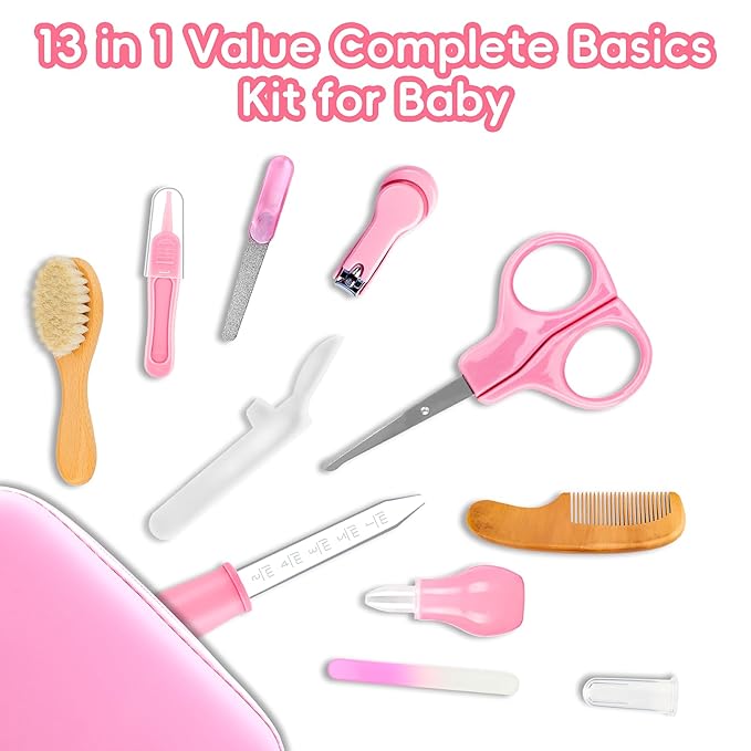 Baby Grooming Kit, Infant Safety Care Set with Hair Brush Comb Nail Clipper Nasal Aspirator,Baby Essentials Kit for Newborn Girls Boys(13 Pc Pink Kit)