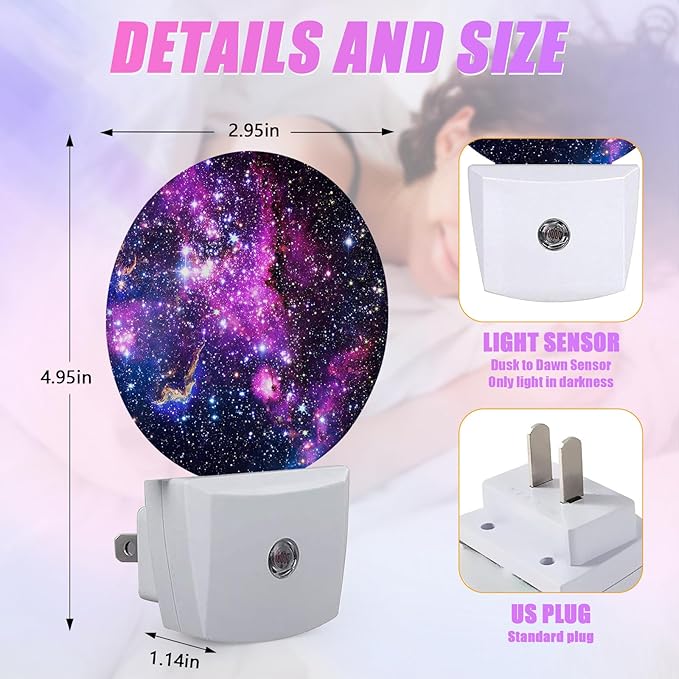 Starry Sky Night Light Purple Galaxy Space Night Lights LED Lamp Round Plug into Wall Nightlight with Dusk to Dawn Sensor Home Hallway Stairway Kitchen Decor