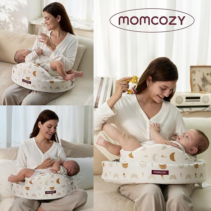 Momcozy Innovative Safety Fence Nursing Pillow - Firm & Springy Memory Foam - Stable, Ergonomic Support & Comfort - Wider Breastfeeding Cushion, Adjustable, Removable Cover, Baby Safety Certified