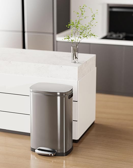 ELPHECO Kitchen Trash Can with Lid Soft Close, 13 Gallon / 50L Stainless Steel Pedal Garbage Can, Heavy-Duty Fingerprint Proof Step Wastebasket with 20 Bags, Removable Bucket, Home Office, Silver