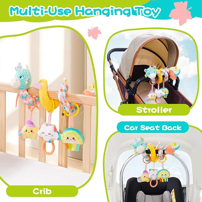 Car Seat Toys for Babies 0-6 Months, Hanging Spiral Stroller Toys, Infant Newborn Brain Development With Music Crinkle Teether Rattle for Baby Boy Girl 0-3-12 Months