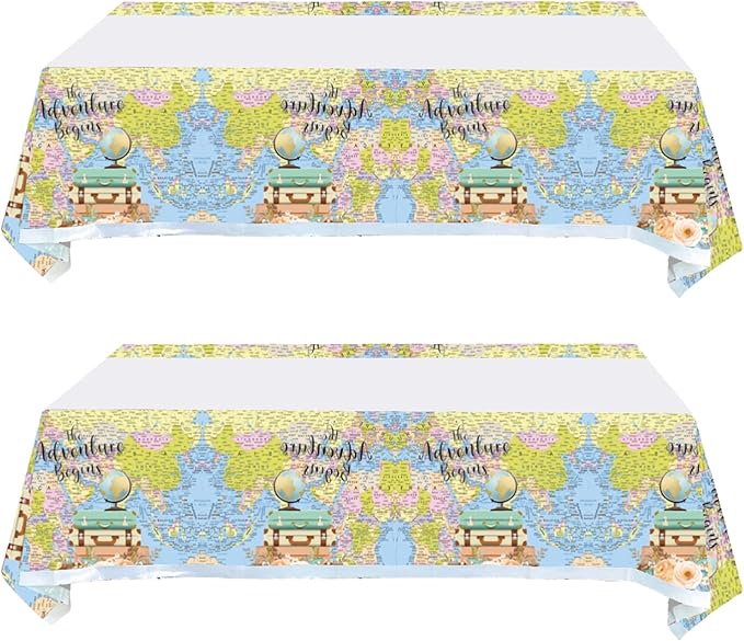 2 Pcs Adventure World Awaits Tablecloth, The Adventure Begin Birthday Party Supplies Decorations–Adventure Party Table Cover (70.9" x 42.5")