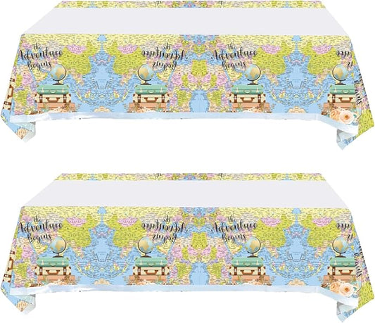 2 Pcs Adventure World Awaits Tablecloth, The Adventure Begin Birthday Party Supplies Decorations–Adventure Party Table Cover (70.9" x 42.5")