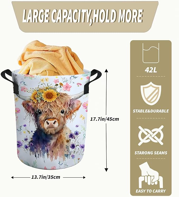 Highland Cow Laundry Basket Gifts for Girls, Girls' Room Decor Baby Nursery Hamper Highland Cow Room Decor 17.7x13.7 Inch