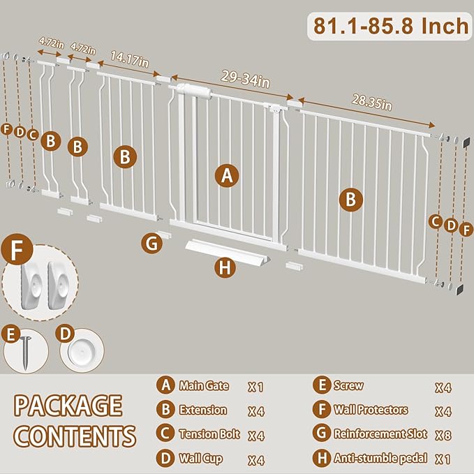 Baby Gate for Doorways Stairs Hallway 81.1-85.8 Inch Wide, Walk Through Child Gates with Pressure Mounted Extention Kit, Indoor Safety Child Gates for Kids or Pets