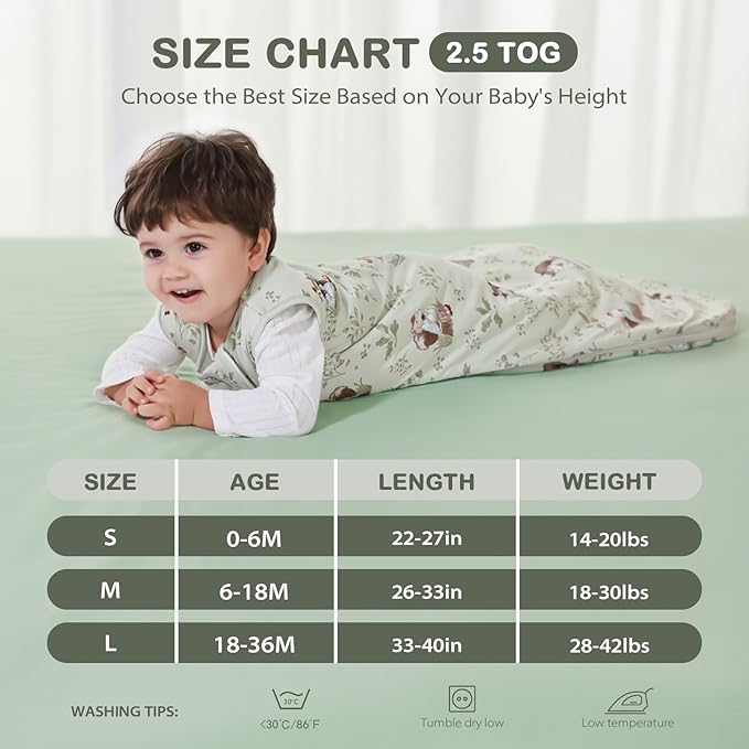 Mosebears Unisex Rayon Made from Bamboo Sleep Sack with 2-Way Zipper,2.5 Tog Baby Winter Sleep Sack(Green Animal,6-18 Months)