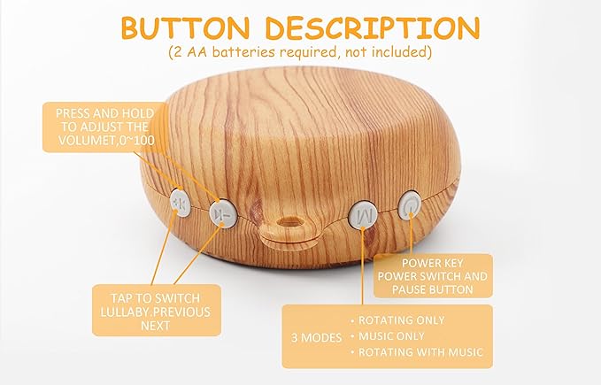 Crib Mobile Arm with Music Box - Imitation Wood - 23 Inch Mobile Arm for Crib - Crib Mobile Motor Battery Operated - Volume Control - 9 Lullabies - Crib Toys Attachments - Holder for DIY Clamp Mobile