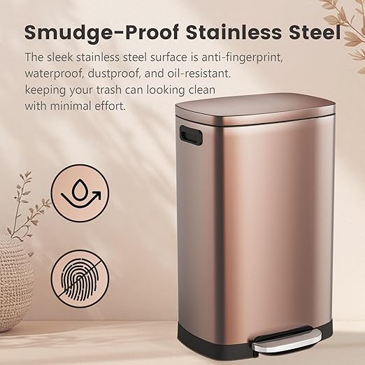 ELPHECO Kitchen Trash Can with Lid Soft Close, 13 Gallon / 50L Stainless Steel Pedal Garbage Can, Heavy-Duty Step Wastebasket with 20 Bags, Removable Bucket, Home Office, Champagne
