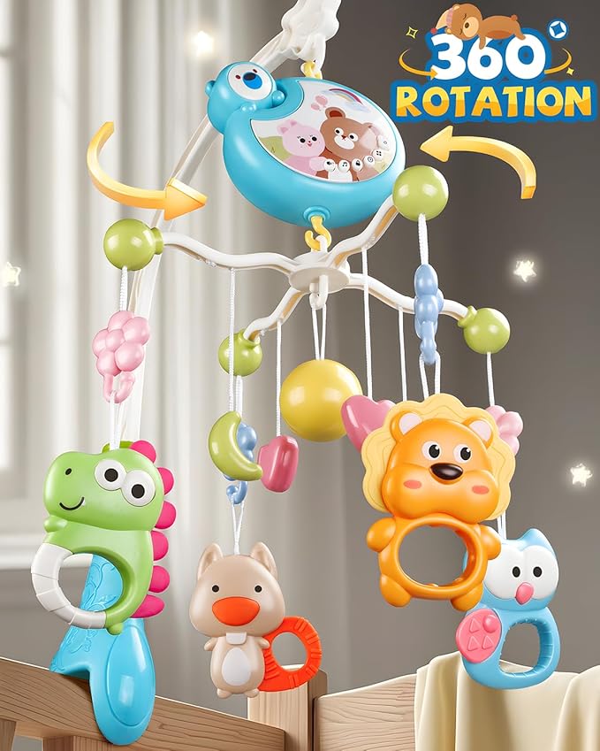 Crib Mobile With Music And Lights, Mobiles For Cribs, Baby Mobile Arm Toys Hanging For Bassinets Girls Boys, Nursery Musical Space Portable Infant Mobiles Clip On Pack And Play Hanger 0-6 Months