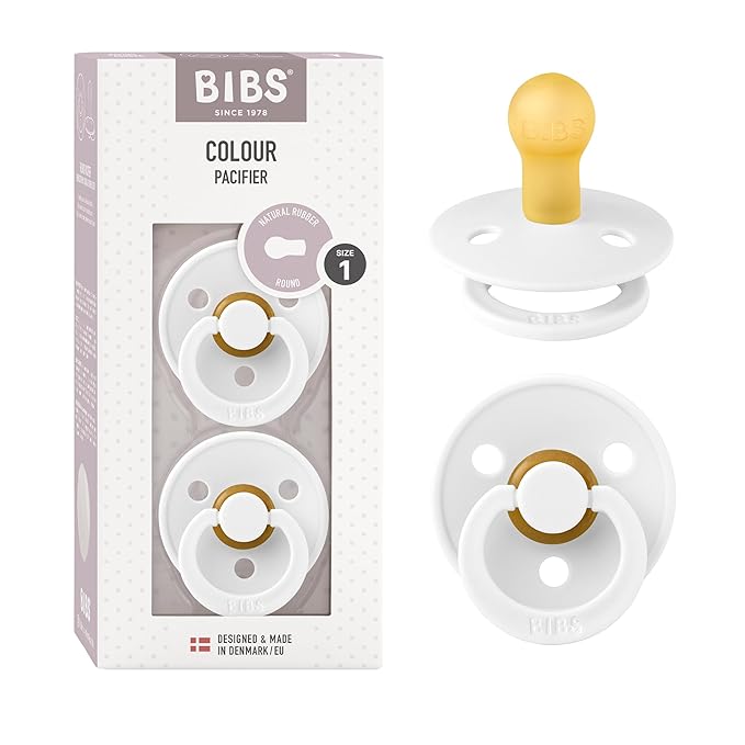 BIBS Pacifiers Colour Collection | Natural Rubber Baby Pacifier | Round Nipple | Set of 2 BPA-Free Soothers | Made in Denmark | 0+ Months (Pack of 2) | White