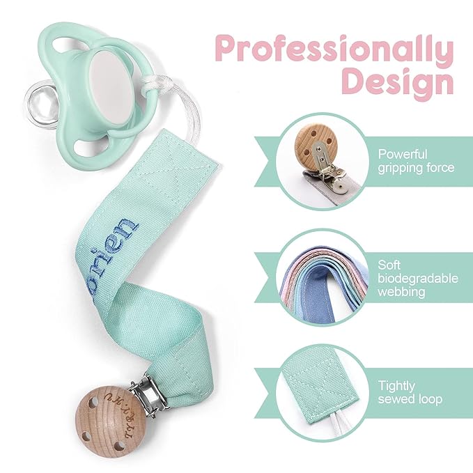 TYRY.HU Personalized Pacifier Clip with Name, Embroidery Ribbon Pacifier Holder for Baby Girls and Boys, Neutral Pacifier Leash Universally Fit All Pacifiers & Baby Toys, 2 Pack Baby Gift(Pink, Green)