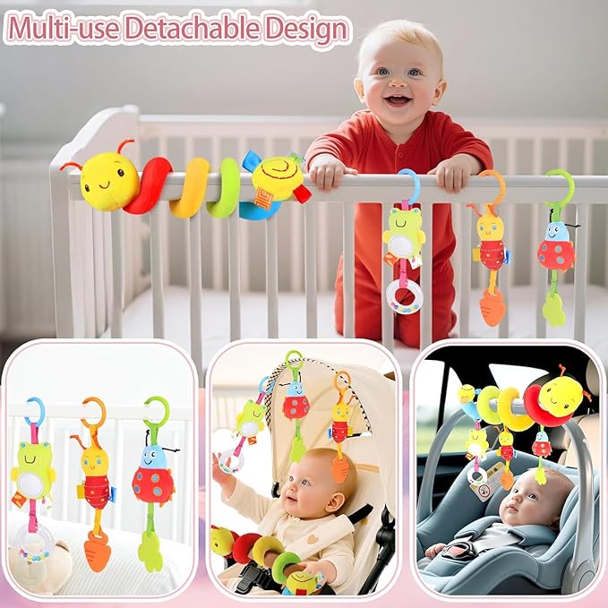 Car Seat Toys for Babies 0-6 Months, Upgraded Spiral Hanging Crib Stroller Activity Toys with Detachable Rattles, Baby Car Seat Accessories Toy for Developing Sensory Skills, Gift for Newborn Infant