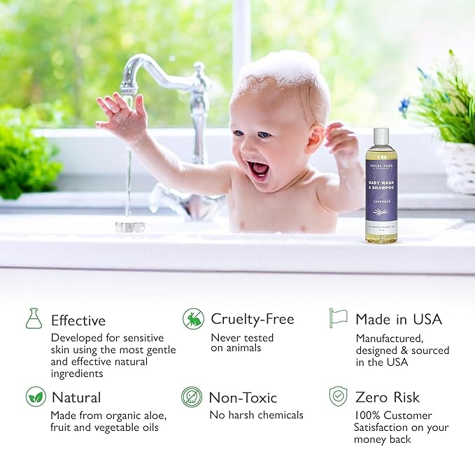 SoCal Suds & Company Baby Shampoo & Body Wash, 2-in-1 Organic Gel - Gentle Castile Soap with Vitamin-Infused Oils & Botanicals - Natural Care for Sensitive Skin & Body Hypoallergenic - 12oz Lavender