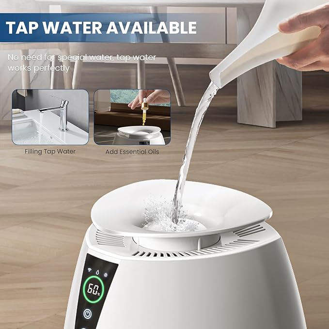 Humidifiers for Bedroom Large Room, 5L No Mist Humidifier for Baby Plants Quiet Top-Fill Air Purifiers Air Cleaner, Tap Water Use, Last 12-Hour, Remote & LED Touch Control & APP Control
