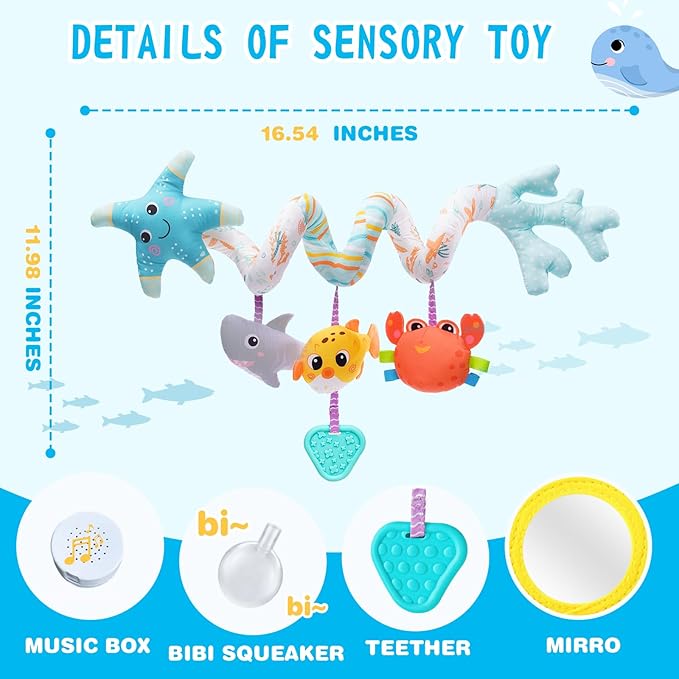 Jollybaby Crib Stroller Car Seat Toys for Baby 0-3-6-9-12 Months, Tummy Time Hanging Sensory Toys for Newborn with Music Box and Teether, Spiral Carseat Toy for Infant Boys Girls Gifts (Blue)