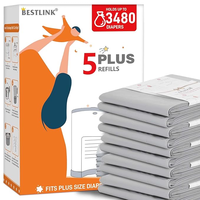 5 Pack Refills Compatible with DEKOR PLUS Diaper Pails | 20% Extra Length Diaper Pail Refill Bags Liners Holds 3480 Diapers | Ultimate Odor Control with Baby Scented