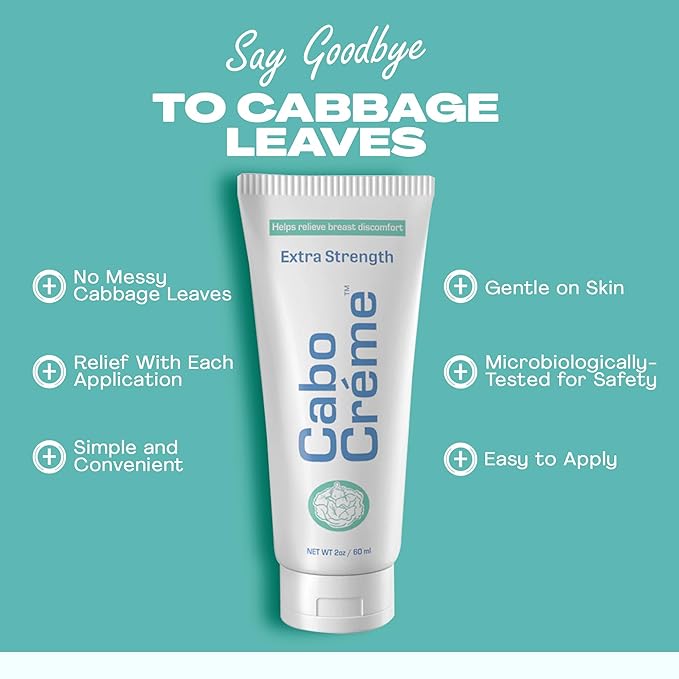 CaboCréme Extra Strength Cabbage Breast Cream - 2X Strength for Engorgement Relief and Breastfeeding Weaning Support - Dry Up Breast Milk - OB-GYN Created & Breastfeeding Mother-Approved - 2 oz
