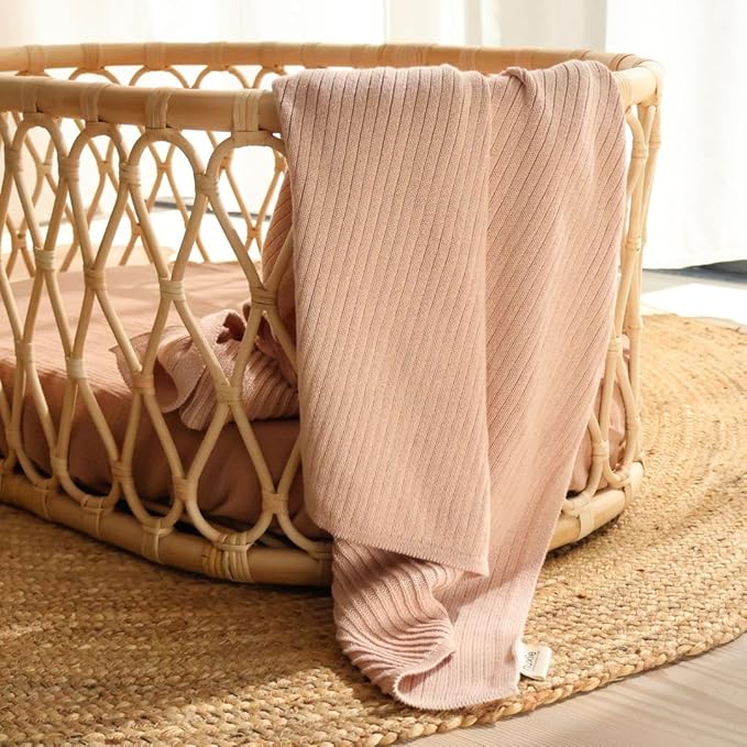 Knitted Organic Cotton Baby Blanket- Swaddle Blanket, 30" x 40" Soft Receiving Blanket for Newborn 2-Pack (Fog and Blush)