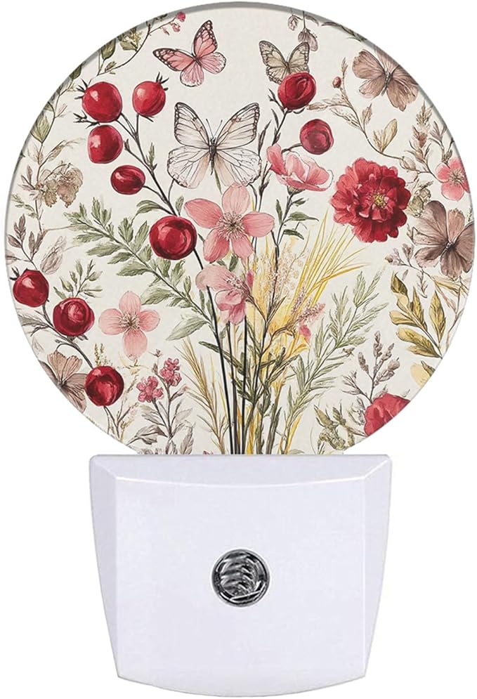 EKOBLA Vintage Flower Butterfly Night Light Floral Plug into Wall with Dusk to Dawn Light Sensors, Warm Nightlights for Bedroom, Bathroom, Hallway, Kitchen, Gifts for Girls Women