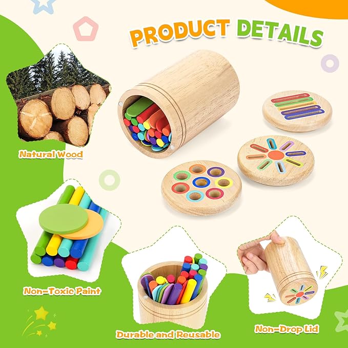 LYLIN Montessori Toys for 2 3 4 Years Old, 3 in 1 Wooden Color Sorting Toys for Toddlers, Fine Motor Skills Toys for 1-2 Years Old Sensory Development Educational Toy Girls Boys Birthday Gifts