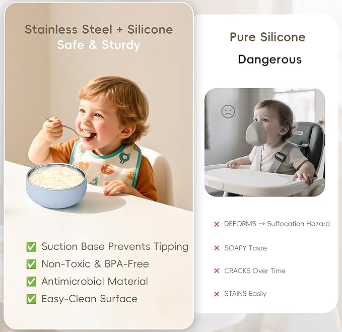 Bella's Friends Stainless Steel Baby Bowls with Silicone Sleeve 3 Pack, 4.3” for Toddlers Kids Feeding, Non-Slip, Non-Toxic, Mess-Free, Dishwasher Safe, Fit High Chair Size, blue yellow green