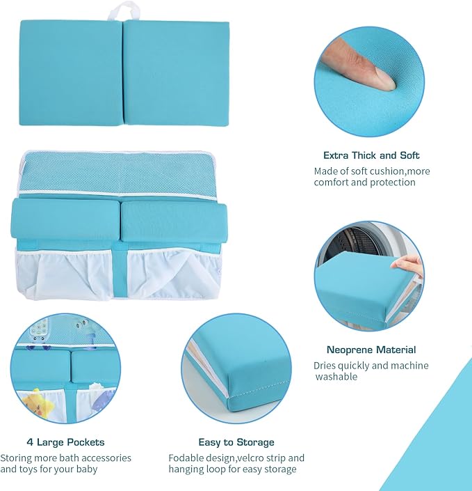Bath Kneeler and Elbow Rest Pad, Thick Quick Dry Kneeling Mat, Large Bathtub Pad with Toy Organizer for Baby Bathing (Blue)