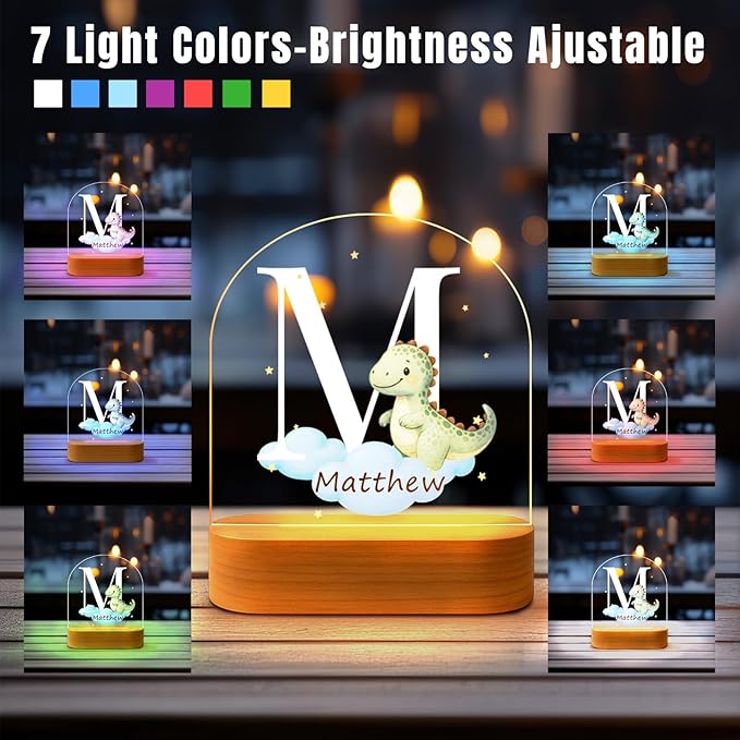 Custom Baby Gift Night Light for Baby Boys Girls Nursery Decor, Personalized Initial Name LED Night Light with Wooden Base, LED Color-Changing Lamp for Toddlers Kids