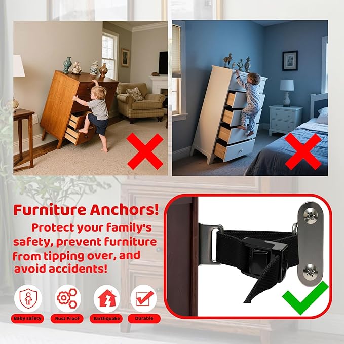 Furniture Anchors for Baby Proofing(2 Sets),Anti Tip Furniture Anchors,Furniture Wall Anchor,Adjustable Furniture Straps,Wall Anchors for Furniture Securing for Baby&Pet Safety