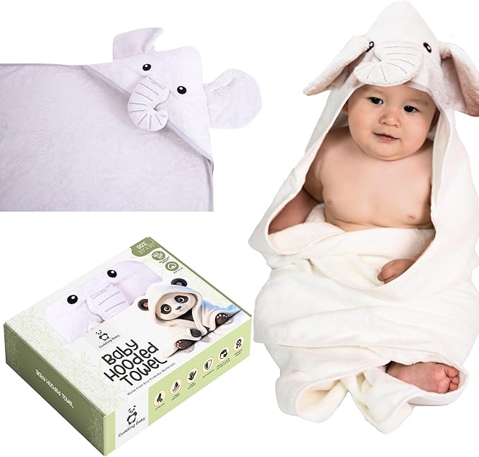 Premium Hooded Towel - 500GSM Viscose derived from Bamboo Cotton Baby Towels - Ultra Soft & Absorbent, Extra Large 35” x 35”, Hypoallergenic, Machine Washable Toddler Towel - Elephant