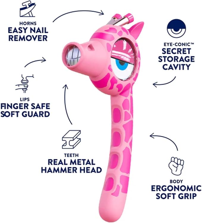 Handy Famm Real Metal Pink Giraffe Hammer for Kids, Patented Safety Mouth Sleeve and Nail Remover, STEM DIY Tool for Children Ages 5 and Up