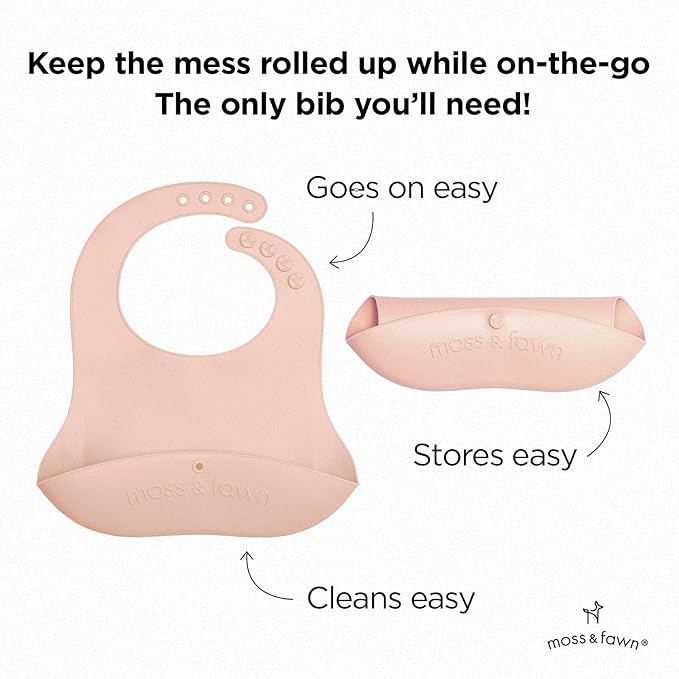 Moss and Fawn Gather & Roll Bib - Washable Waterproof Silicone Baby Feeding Bib - BPA, Lead, & PVC-Free