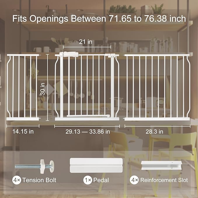 Extra Wide Baby Gate with Door Pressure Mounted 71.65-76.38 Inch,Child Baby Gates for Doorways No Drilling,Walk Through Dog Gate Indoor for The House Kitchen Stairs,White