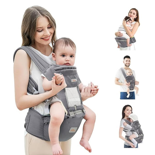 Baby Carrier with Hip Seat, 6 in 1 Baby Carrier Newborn to Toddler, Adjustable Infant Carrier with Hood, All Seasons & All Position Baby Holder Carrier for Breastfeeding