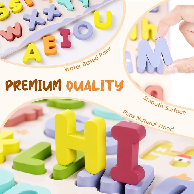 Alphabet Puzzles for Toddlers, ABC Puzzle Toys Wooden Montessori Early Learning Board Preschool Educational Easter Gift for Girls Boys Kids Ages 3+