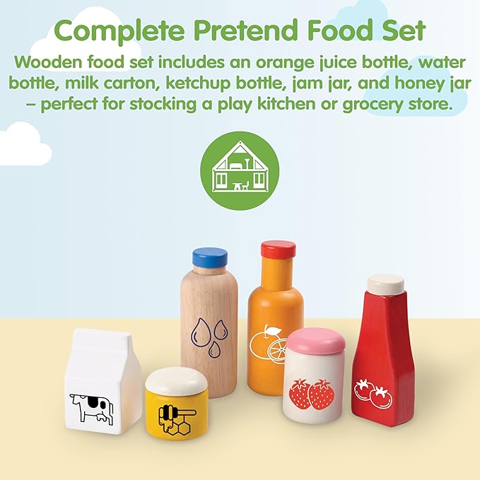 PlanToys® Wooden Food & Beverage Pretend Play Set | Montessori Kitchen Toys for Toddlers & Kids | Eco-Friendly Wooden Role Play Food | Includes Milk Carton, Juice, Water, Ketchup, Jam & Honey
