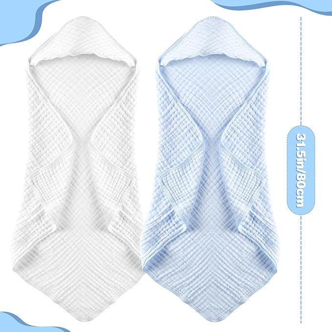 MUKIN Baby Hooded Towels, Muslin Cotton, 2-Pack, for Newborn, Infant, Toddler and Kids (White,Blue)