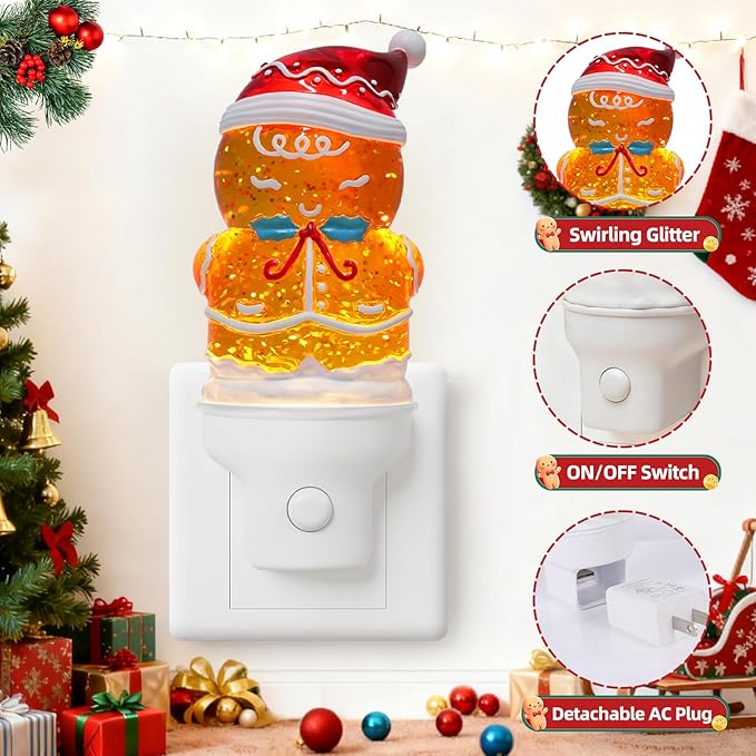 Christmas Night Light Plug into Wall Swirling Glitter USB Portable Christmas Decorative Night Light Decoration for Kids Adults Bedroom Kitchen Living Room Holiday Decor (Gingerbread)