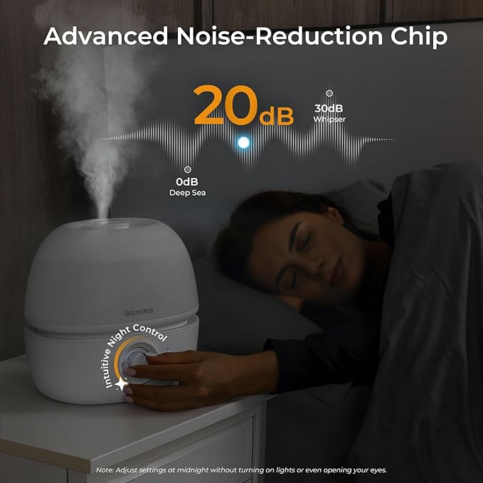 BOXING 3L Top Fill Humidifiers for Bedroom Baby, 20dB Quiet Air Humidifier for Large Room & Indoor Plants with Optional Night Light, Cool Mist Diffuser for Home, Essential Oil Tray, BPA-Free,White,30H
