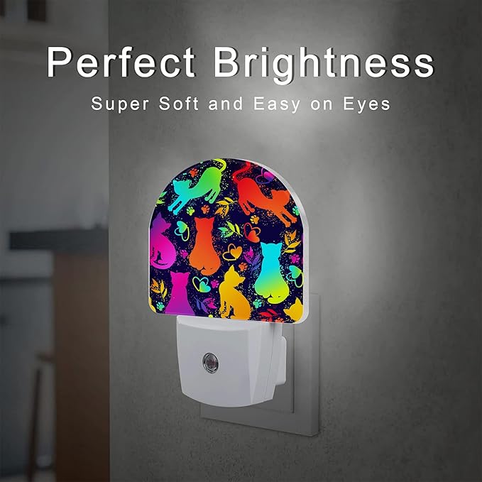 Colorful Cat Silhouettes Night Light, Cute Kittens Hearts and Paw Prints Dusk to Dawn Night Light Plug in,0.5w Energy Saving Sleep Friendly NightLight for Kids Boys Girls Home Decor