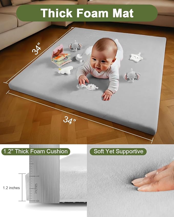 Baby Play Gym with Soft Foam Mat – Removable & Machine Washable Cover, Velvet Tummy Time Mat with 6 Sensory Toys, Non-Slip Activity Mat for Infant Development, Newborn Essentials Gift, Grey