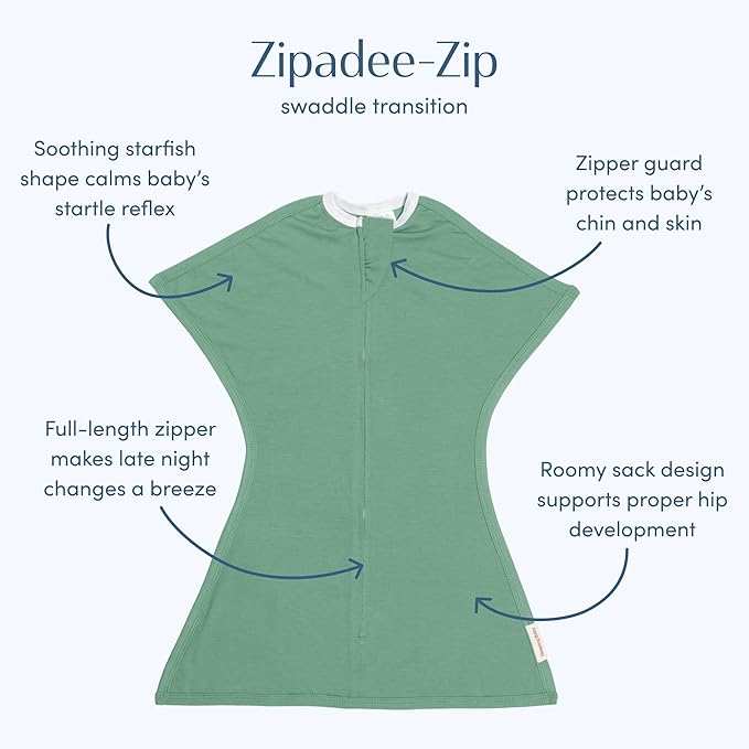 SleepingBaby Zipadee-Zip Transition Swaddle - Cozy Baby Swaddle Blanket with Zipper Convenience - Roomy Wearable Blanket for Easy Diaper Changes - Basil, X-Small (3-6 Month)