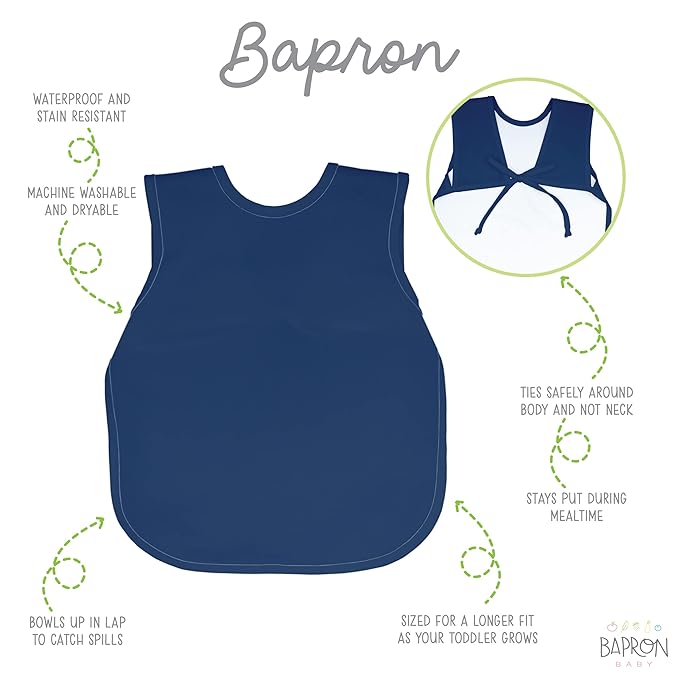 BapronBaby Minimalist Navy Blue Bapron - No Neck Tie Safer Bib for Baby & Toddler - Soft Waterproof Stain Resistant - Machine Washable - Sz Baby/Toddler 6m-3T
