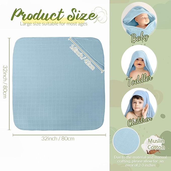 Preboun 6 Pcs Muslin Hooded Baby Towels and Washcloths 32"x 32" Cotton Newborn Bath Towel Anti-Shrink Infant Baby Blankets with Hood 12"x 12" Washcloths for Girl Boy Toddler(Light Blue,Green)